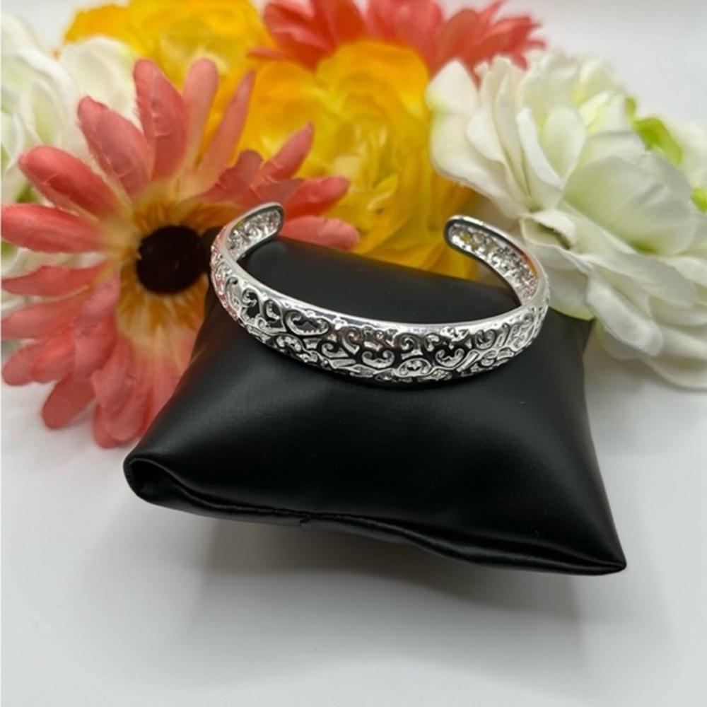 F Filigree Design Silver Bangle Bracelet Hollow Etched NEW!